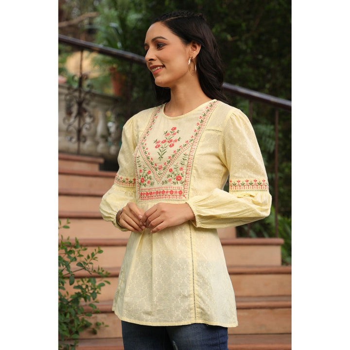 Juniper Womens Lemon Cotton Dobby Solid Embroidered Straight Tunic