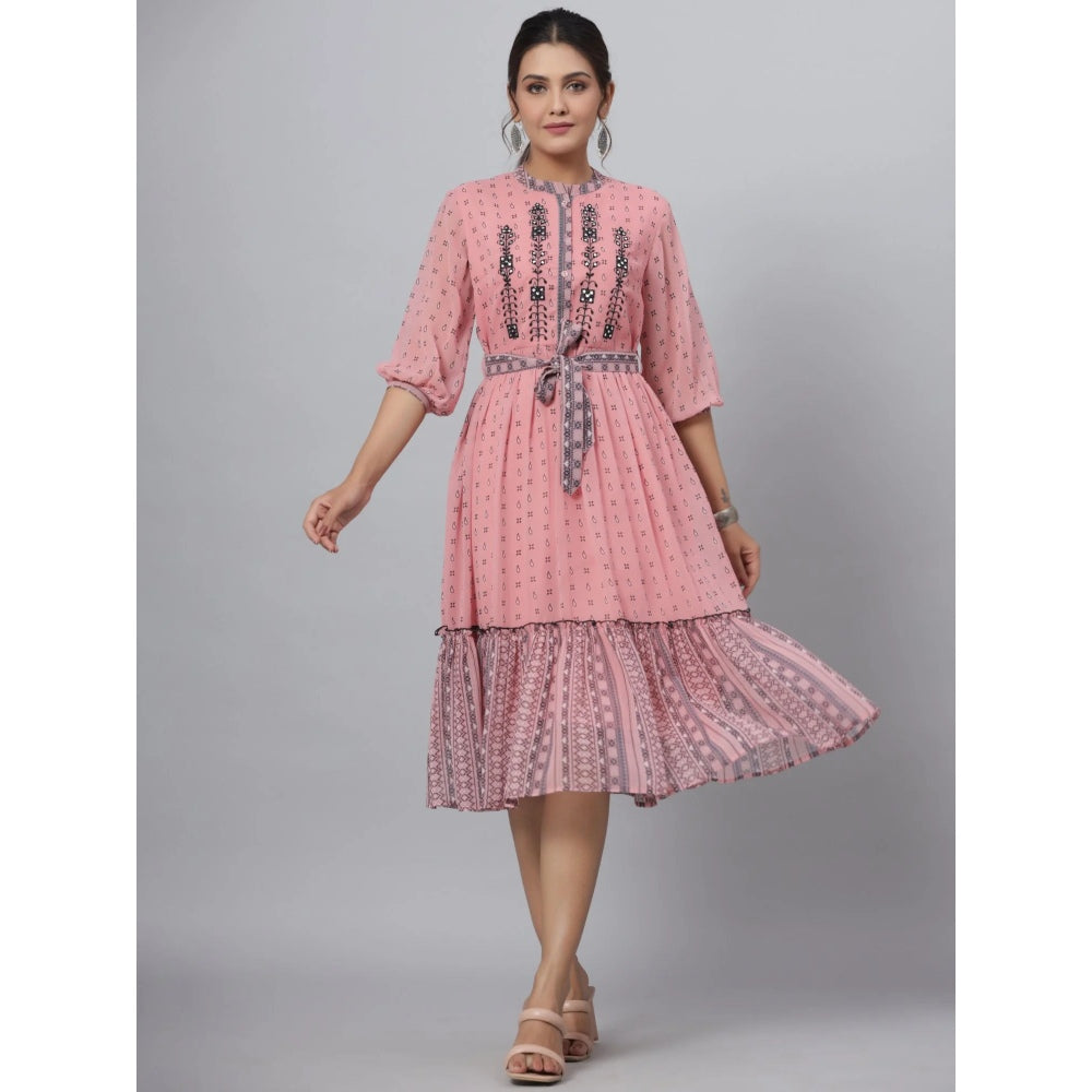 Juniper Women Pink Georgette Printed Flared Dress (Set of 2)