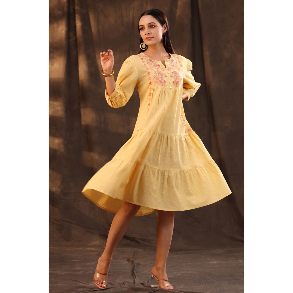 Juniper Women Yellow Cotton Slub Solid Embroidered Tiered Dress