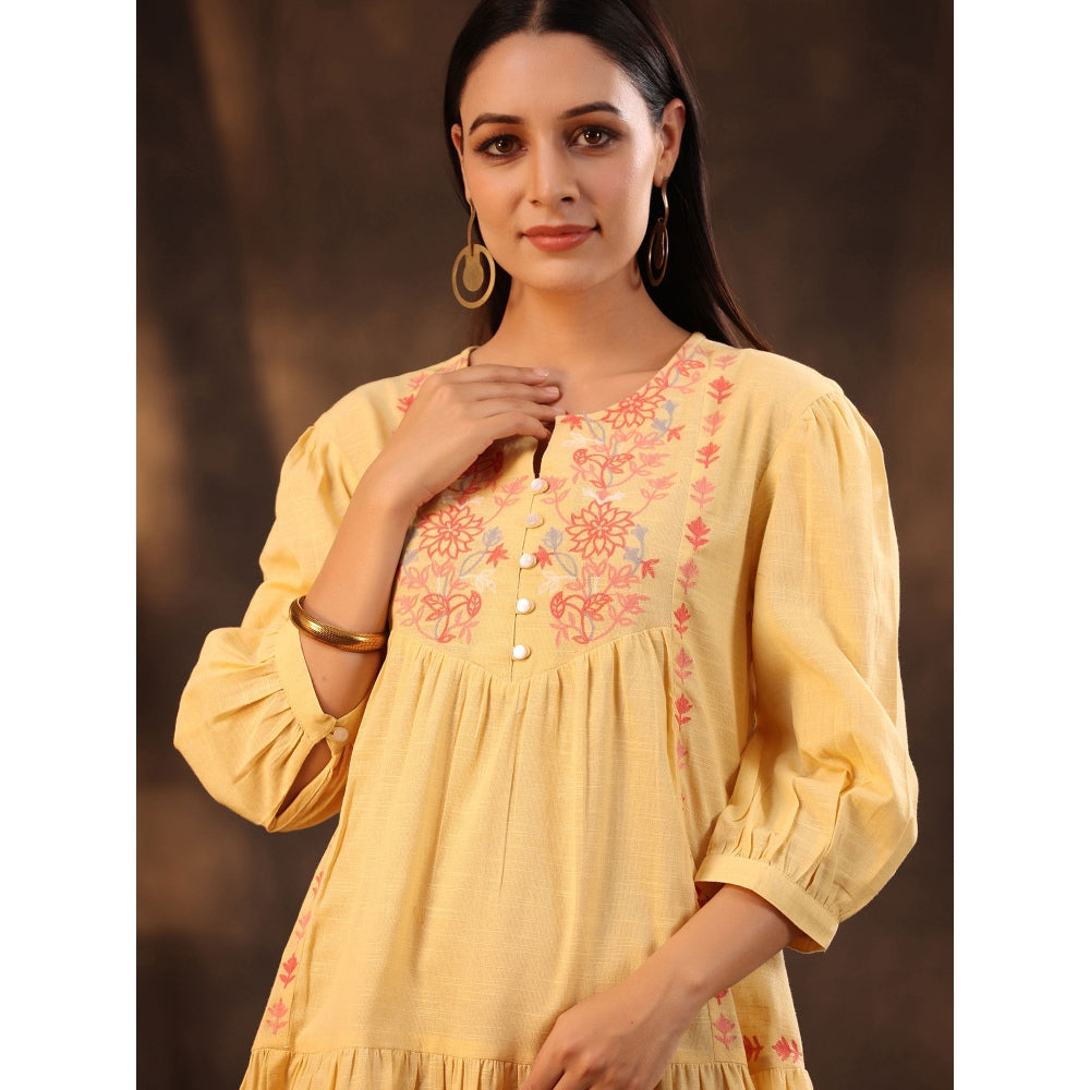 Juniper Women Yellow Cotton Slub Solid Embroidered Tiered Dress