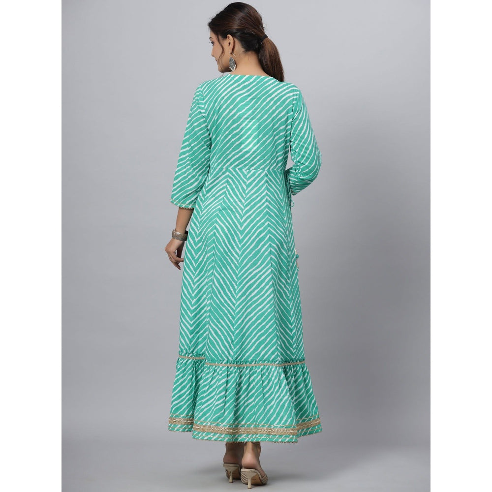 Juniper Women Green Printed Embroidered Mirror Work Sequin Cotton Flared Dress