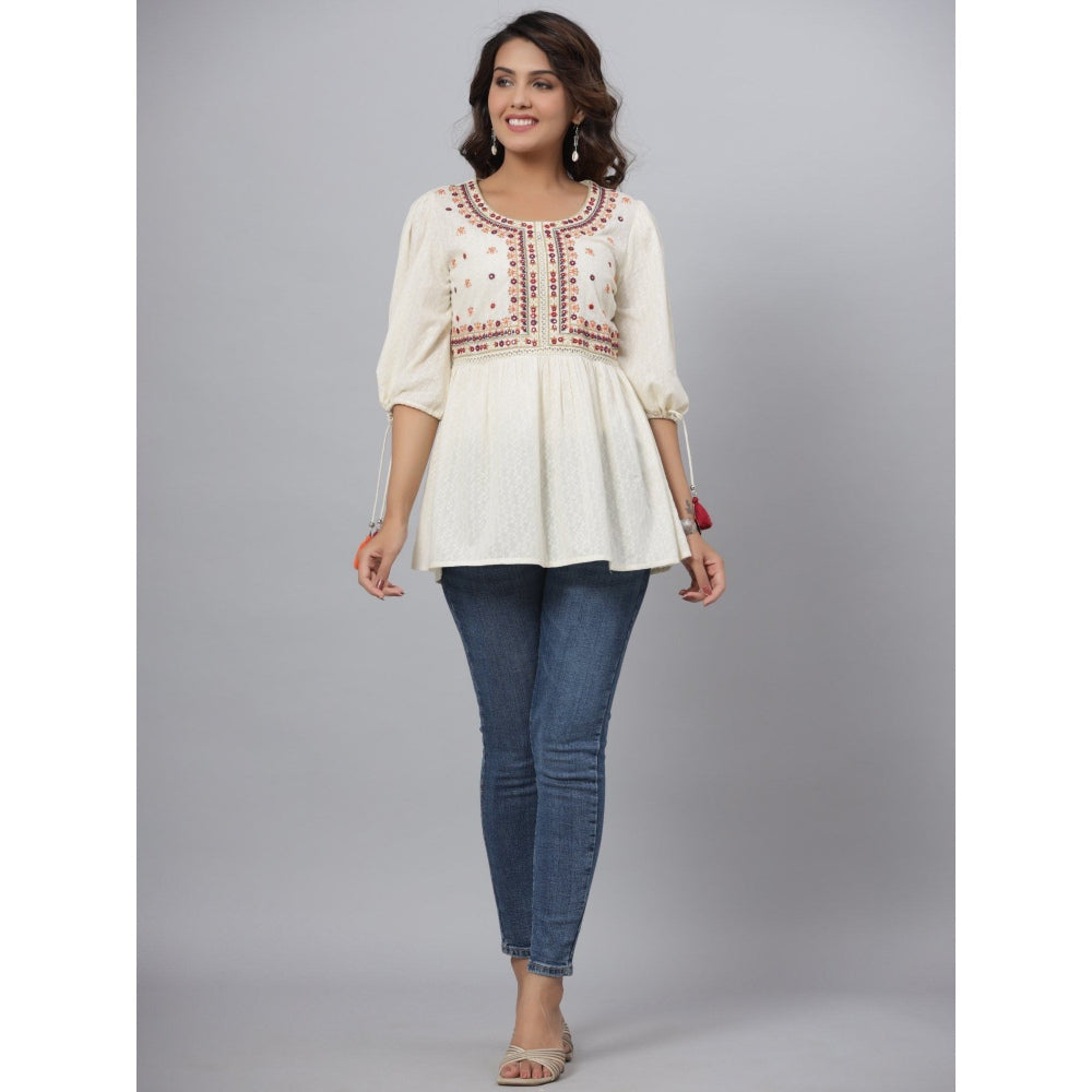 Juniper Women Off White Cotton Solid with Embroidered Straight Tunic
