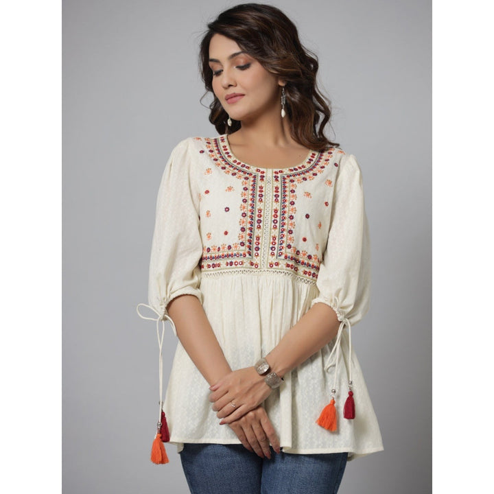 Juniper Women Off White Cotton Solid with Embroidered Straight Tunic
