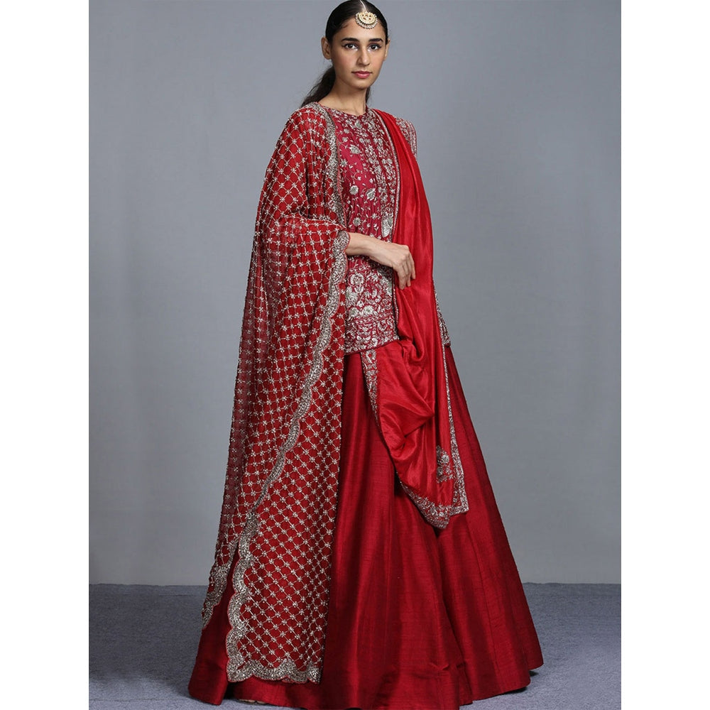 Jayanti Reddy Red Lehenga With Blouse And Two Dupatta (Set Of 4)