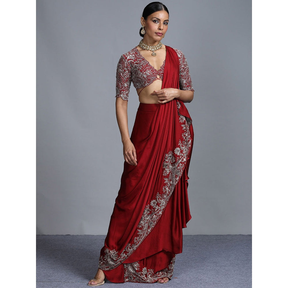 Jayanti Reddy Embroidered Red Saree With Stitched Blouse (Set Of 2)