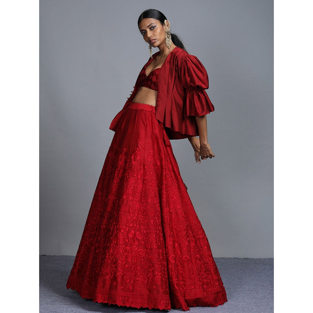 Jayanti Reddy Red Lehenga With Pleated Bandeau Top And Peplum Jacket (Set Of 3)