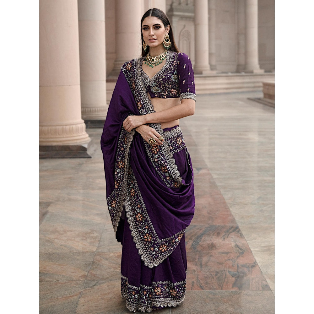 Jayanti Reddy Embroidered Dark Purple Raw Silk Saree With Stitched Blouse (Set Of 2)