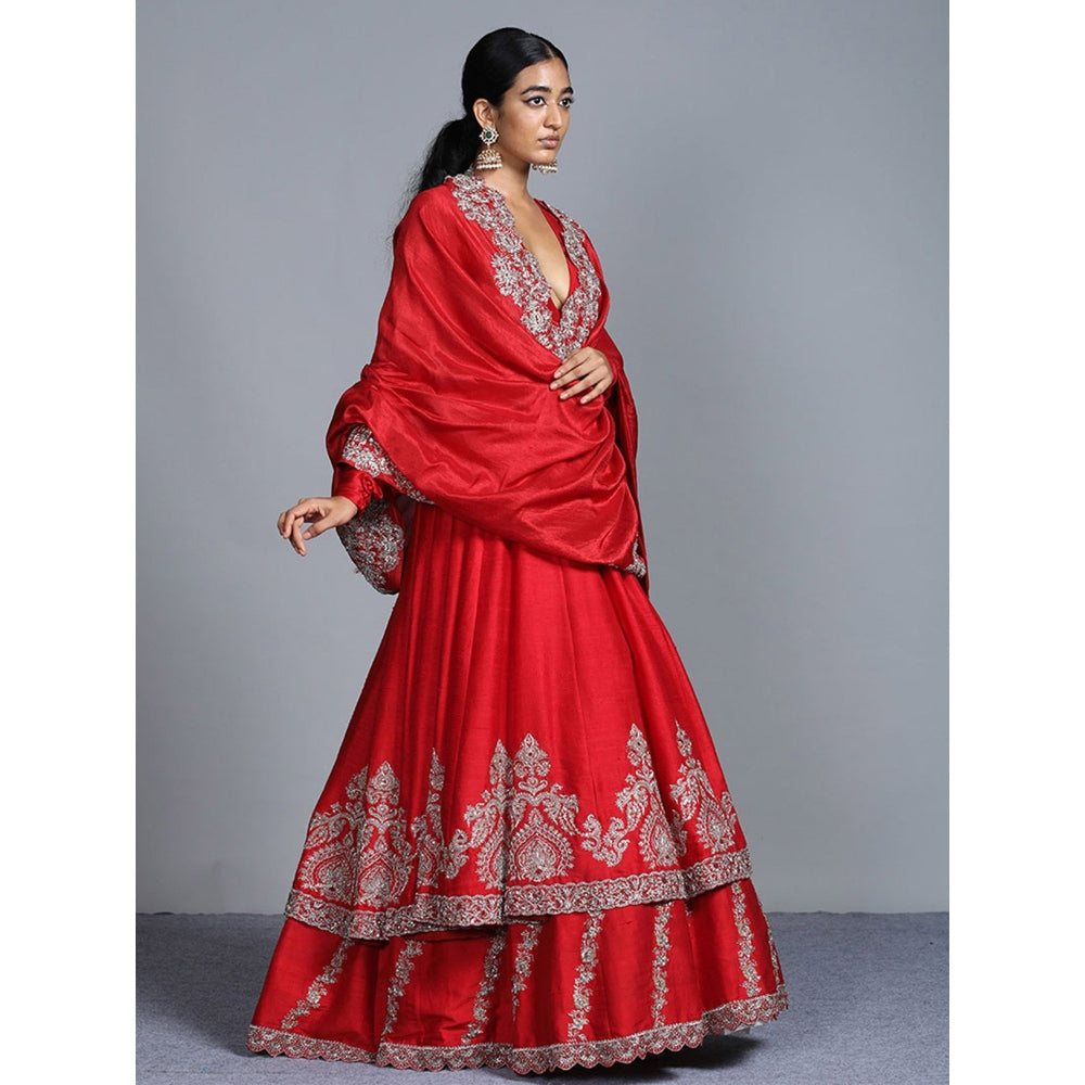 Jayanti Reddy Red Embroidered Anarkali With Two Dupattas (Set Of 3)