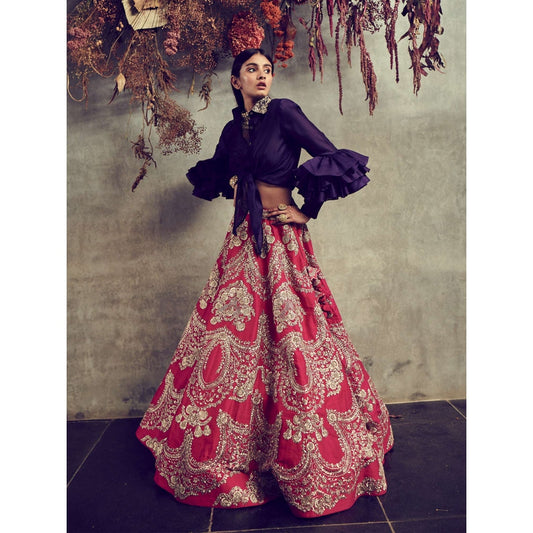 Jayanti Reddy Purple Embroidered Knot Top Blouse With Red Lehenga (Set Of 2)