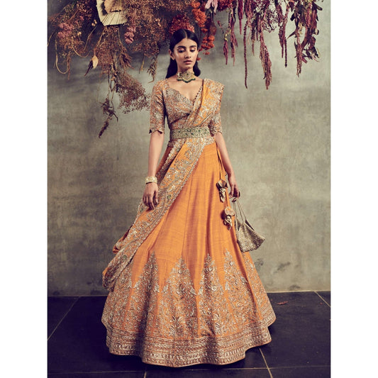 Jayanti Reddy Mango Yellow Embroidered Blouse With Lehenga And Dupatta (Set Of 3)