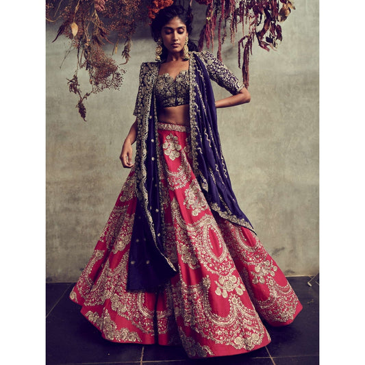 Jayanti Reddy Red Embroidered Lehenga With Purple Blouse And Dupatta (Set Of 3)