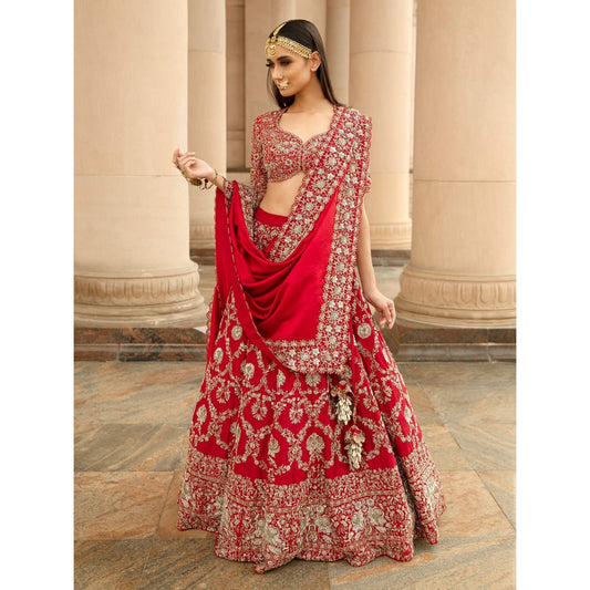 Jayanti Reddy Red Raw Silk Blouse And Lehenga With Dupatta (Set Of 3)
