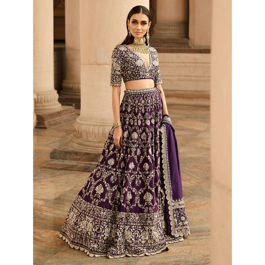 Jayanti Reddy Purple Raw Silk Blouse And Lehenga With Dupatta (Set Of 3)