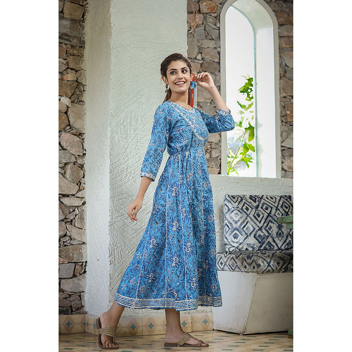 KAAJH Blue Floral Printed Cotton Ethnic Gown