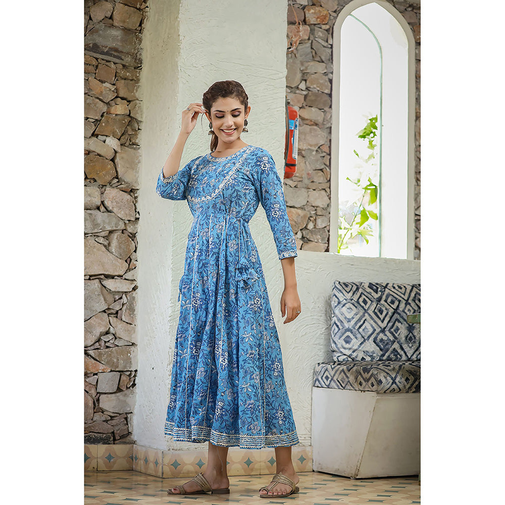 KAAJH Blue Floral Printed Cotton Ethnic Gown