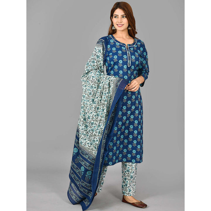 KAAJH Blue Floral Printed Cotton Suit (Set of 3)