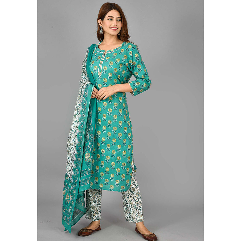 KAAJH Green Floral Printed Cotton Suit (Set of 3)
