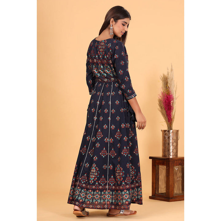 KAAJH Blue Gold Printed Cotton Ethnic Gown