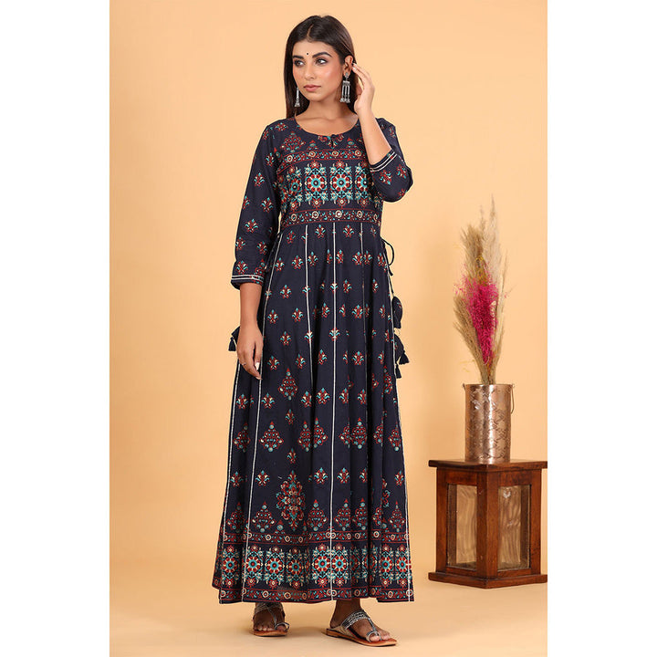 KAAJH Blue Gold Printed Cotton Ethnic Gown