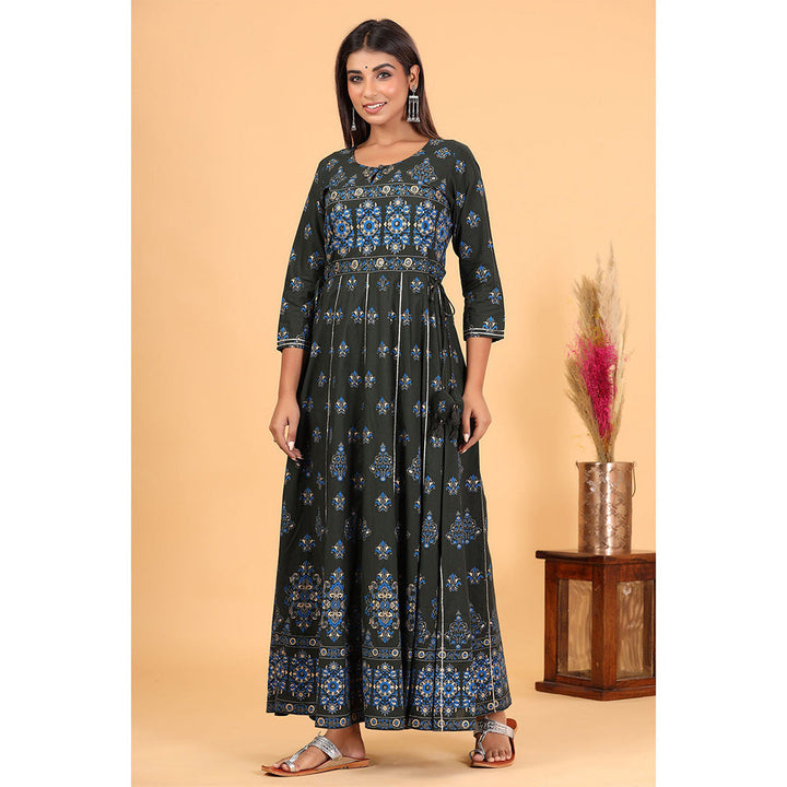KAAJH Green Gold Printed Cotton Ethnic Gown