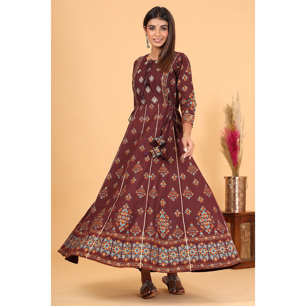 KAAJH Maroon Gold Printed Cotton Ethnic Gown