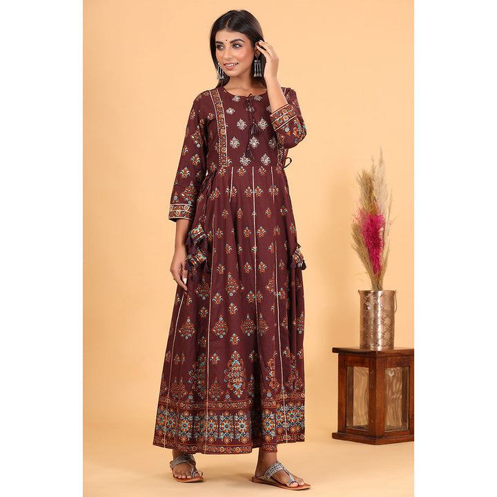 KAAJH Maroon Gold Printed Cotton Ethnic Gown