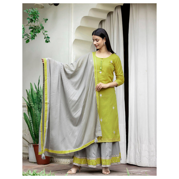 KAAJH Lime Grey Cotton Embellished Kurta Sharara Set With Dupatta (Set of 3)