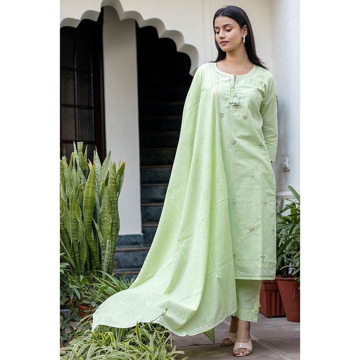 KAAJH Green Mirror Embellished Cotton Suit (Set of 3)