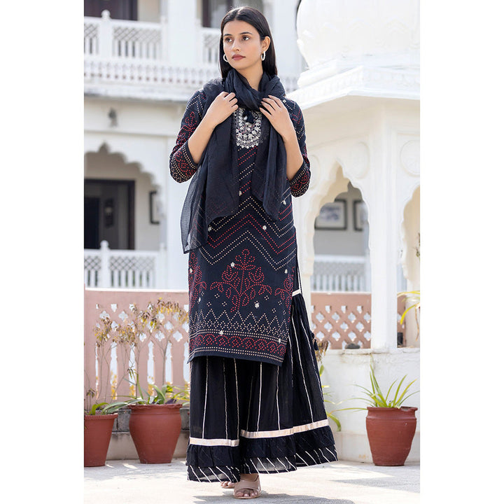 KAAJH Black Embroidered Cotton Kurta Sharara Set With Dupatta (Set of 3)