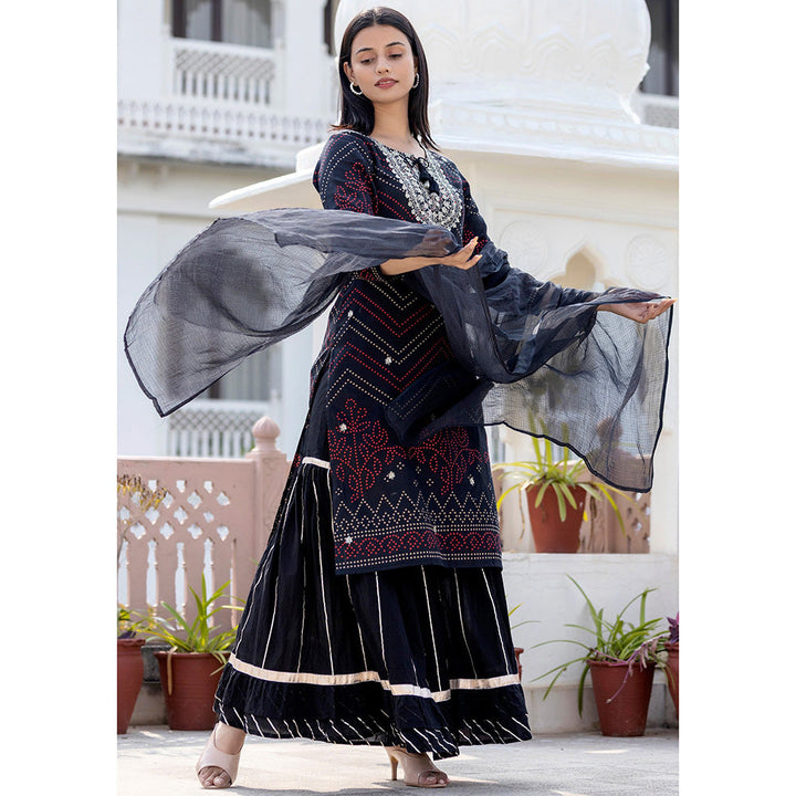 KAAJH Black Embroidered Cotton Kurta Sharara Set With Dupatta (Set of 3)