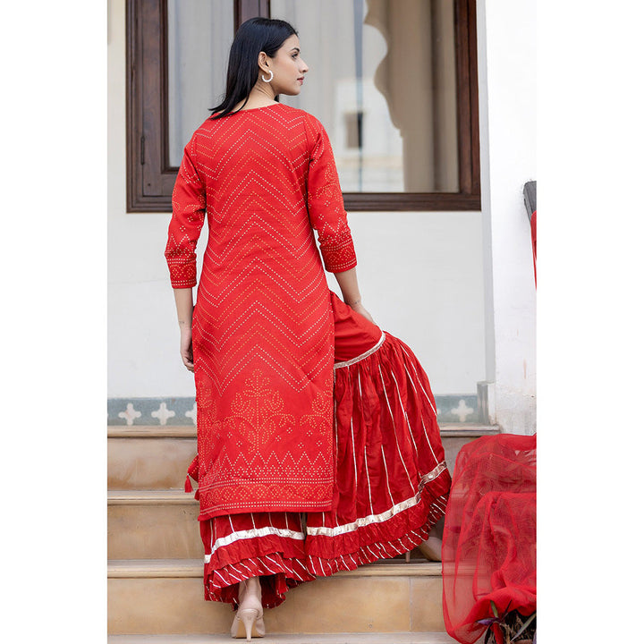 KAAJH Red Embroidered Cotton Kurta Sharara Set With Dupatta (Set of 3)