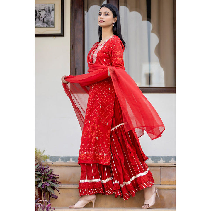 KAAJH Red Embroidered Cotton Kurta Sharara Set With Dupatta (Set of 3)