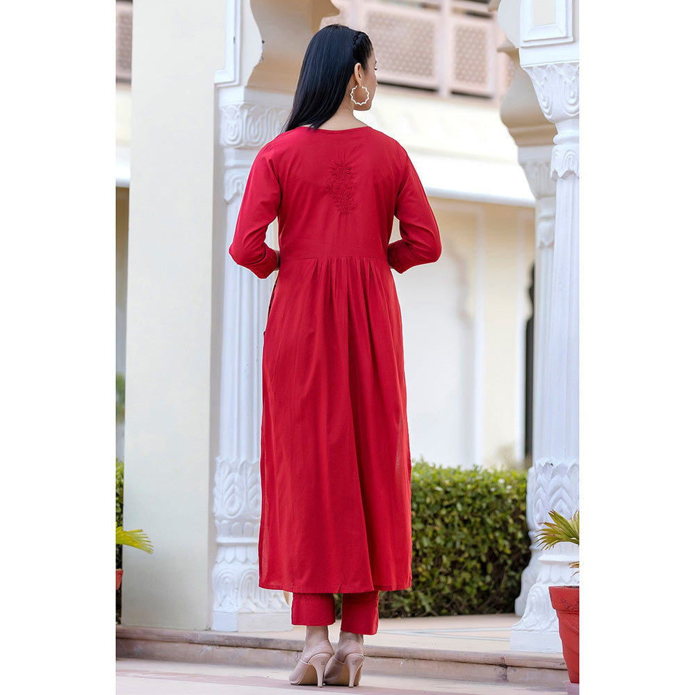KAAJH Red Cotton Lucknow Chikankari Suit (Set of 3)