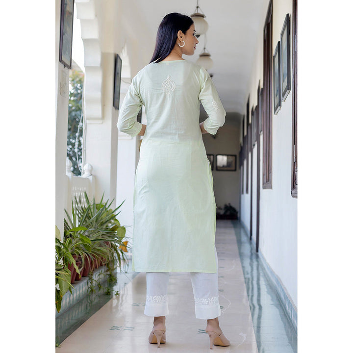 KAAJH Light Green Cotton Lucknow Embroidery Chikankari Suit (Set of 3)