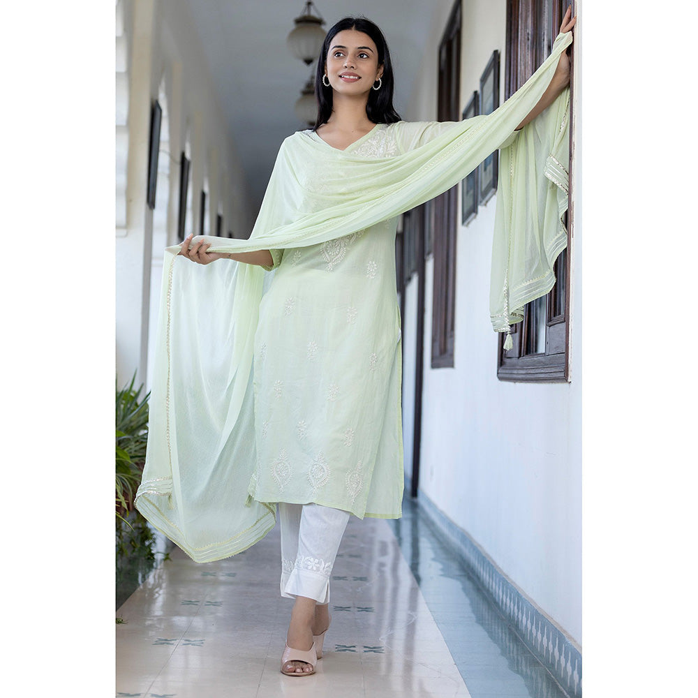 KAAJH Light Green Cotton Lucknow Embroidery Chikankari Suit (Set of 3)