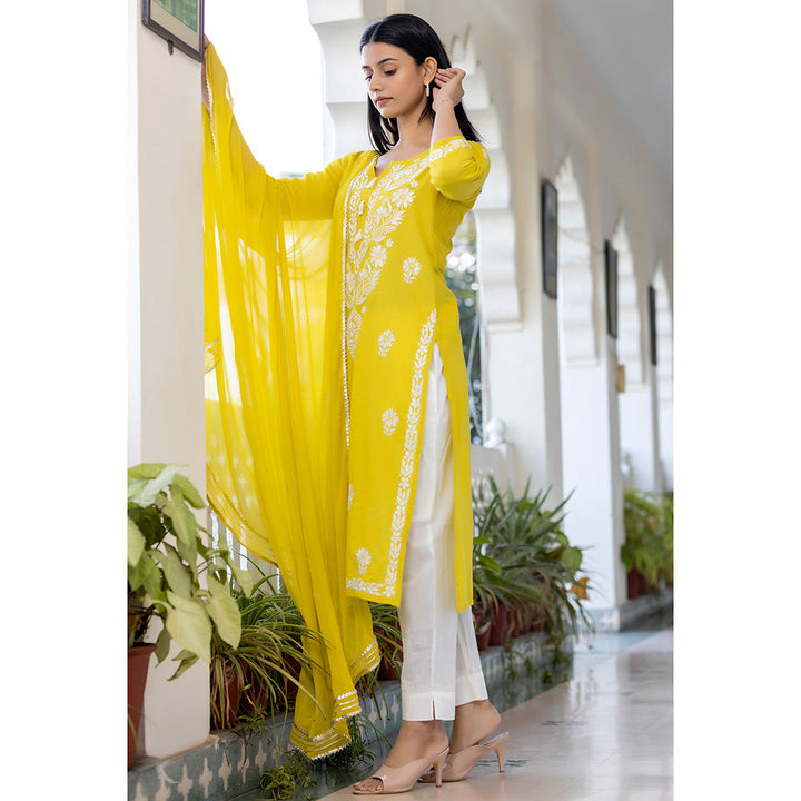 KAAJH Yellow Hand Embroidered Lucknow Chikankari Suit (Set of 3)