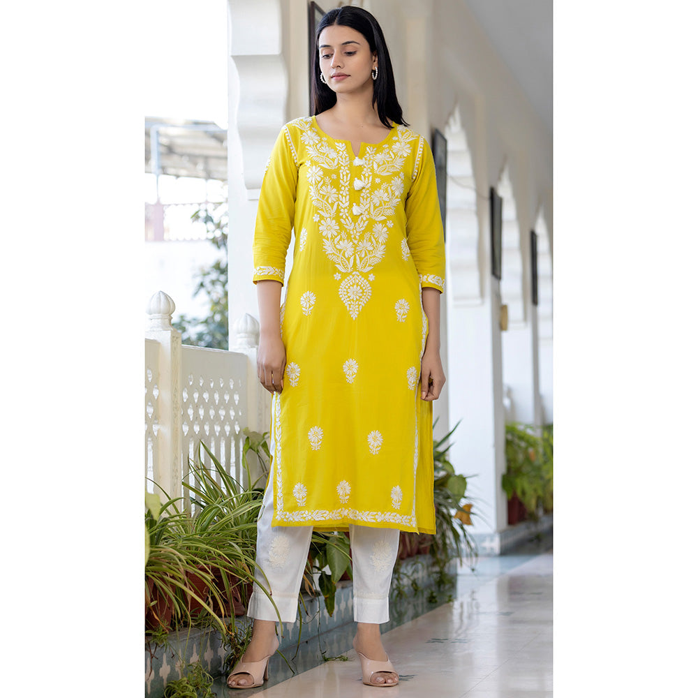 KAAJH Yellow Hand Embroidered Lucknow Chikankari Suit (Set of 3)