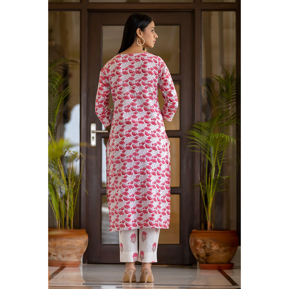 KAAJH Pink Floral Cotton Handblock Salwar Suit (Set of 3)