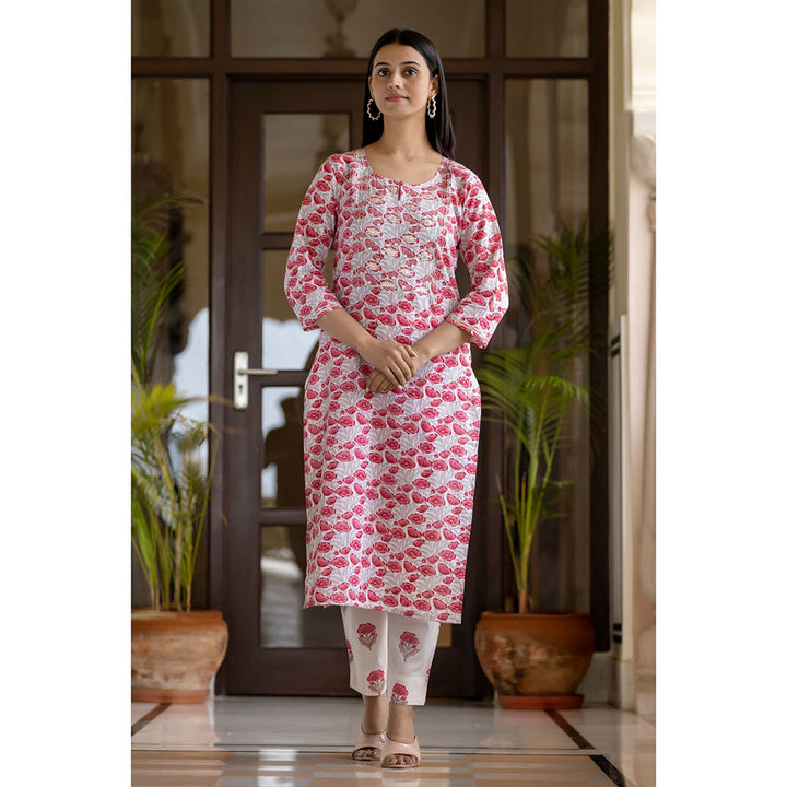 KAAJH Pink Floral Cotton Handblock Salwar Suit (Set of 3)