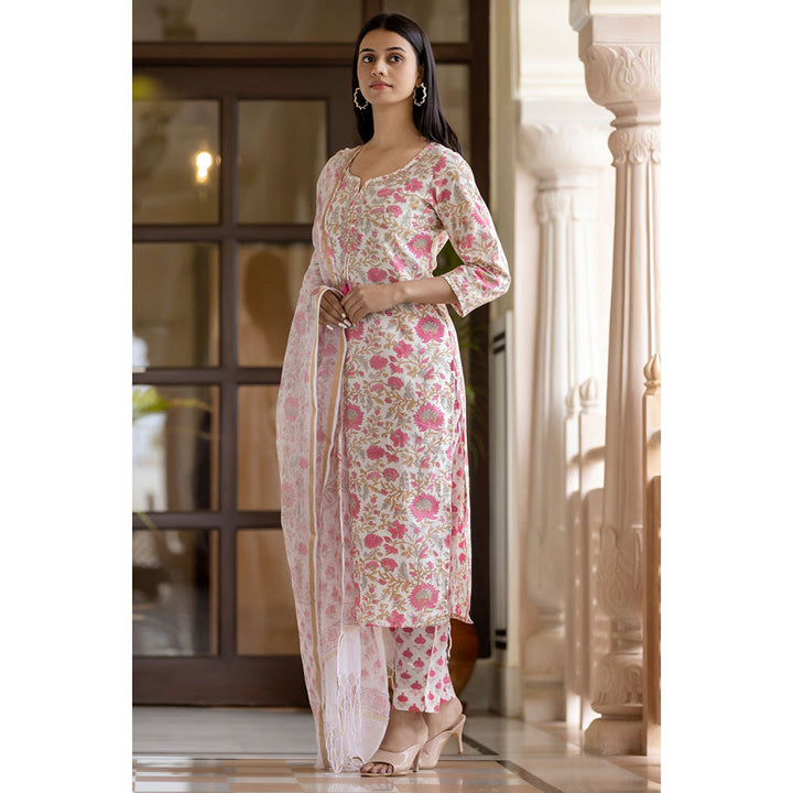 KAAJH Pink Floral Handblock Cotton Salwar Suit (Set of 3)
