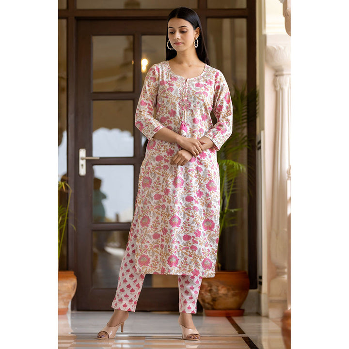 KAAJH Pink Floral Handblock Cotton Salwar Suit (Set of 3)