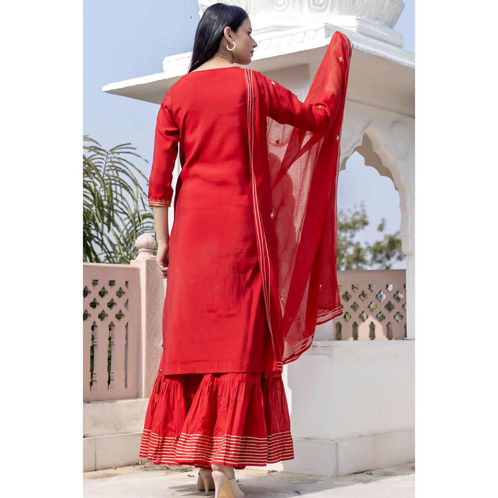 KAAJH Red Silk Embroidered Kurta Sharara Set With Dupatta (Set of 3)