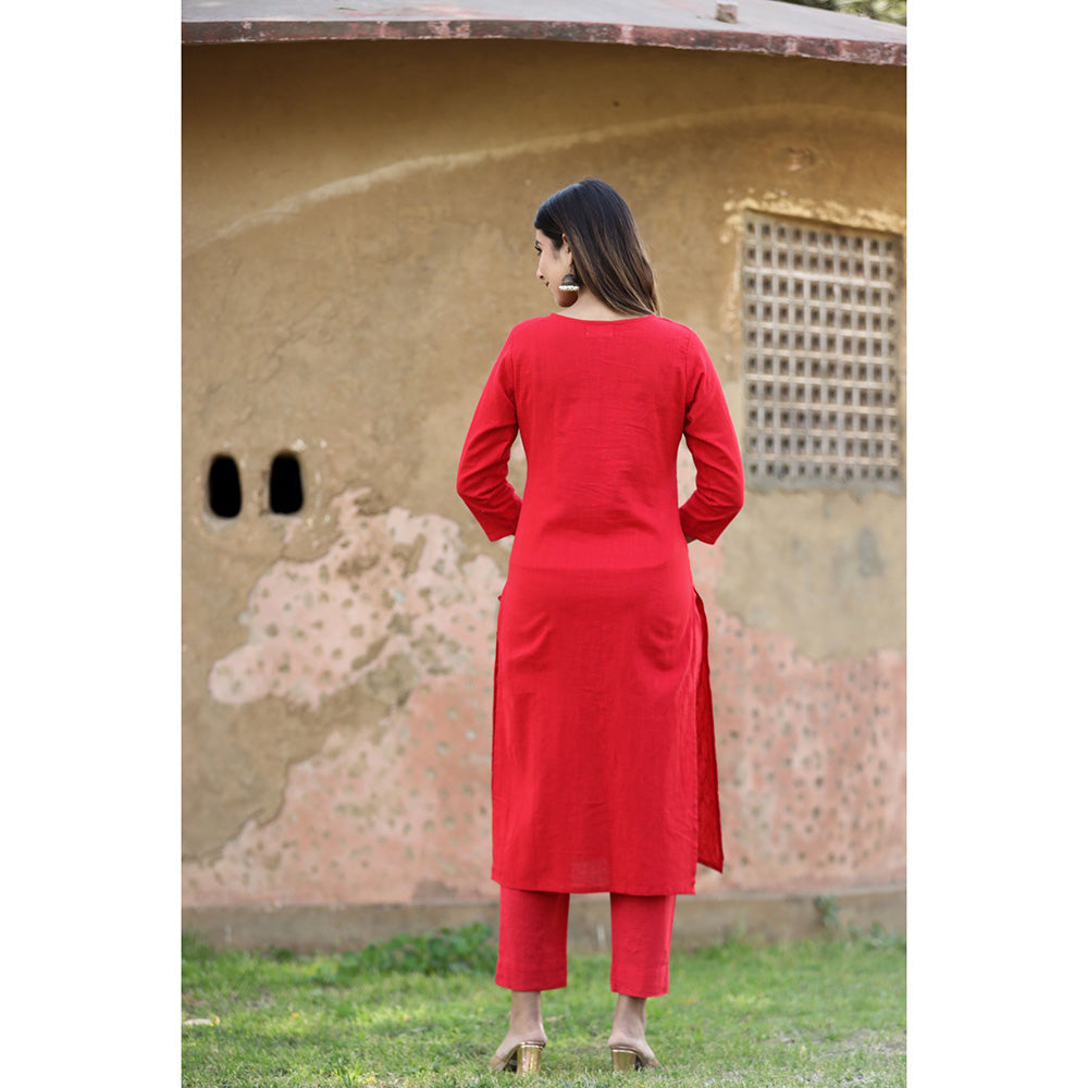KAAJH Red Sequins Embroidered Cotton Kurta Pant (Set of 2)