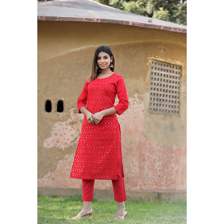 KAAJH Red Sequins Embroidered Cotton Kurta Pant (Set of 2)