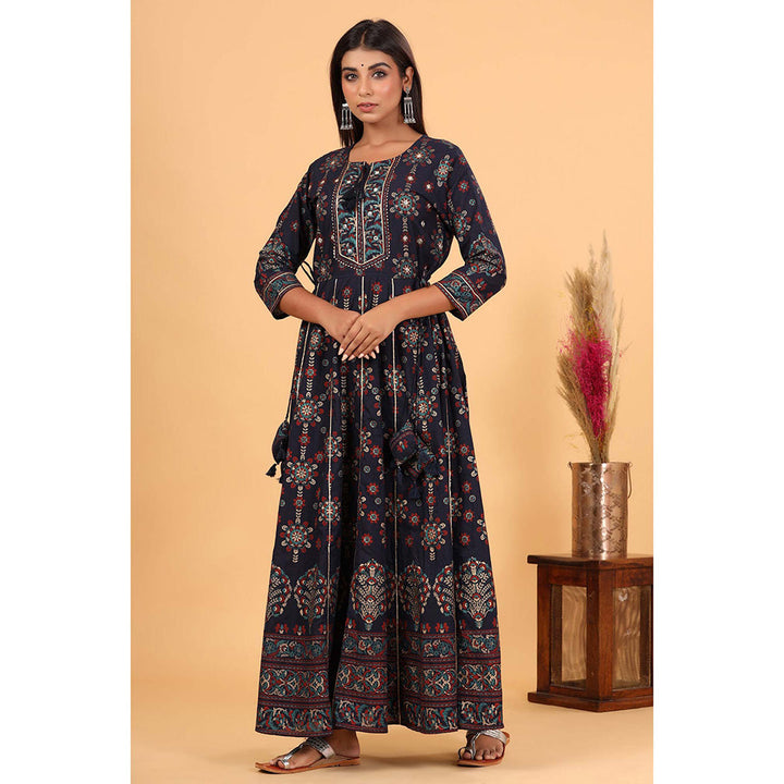 KAAJH Blue Gold Printed Ethnic Gown