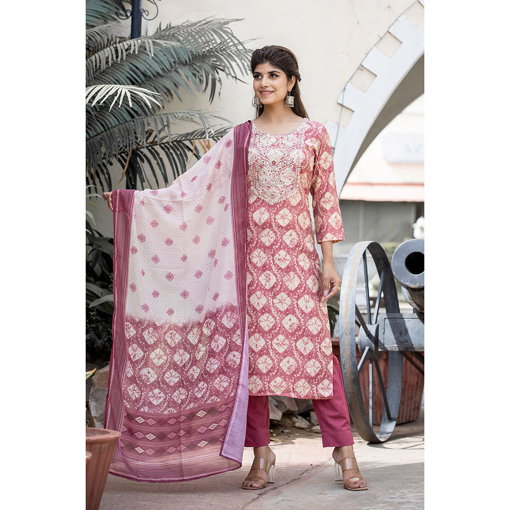 KAAJH Pink Modal Silk Embroidered Suit (Set of 3)