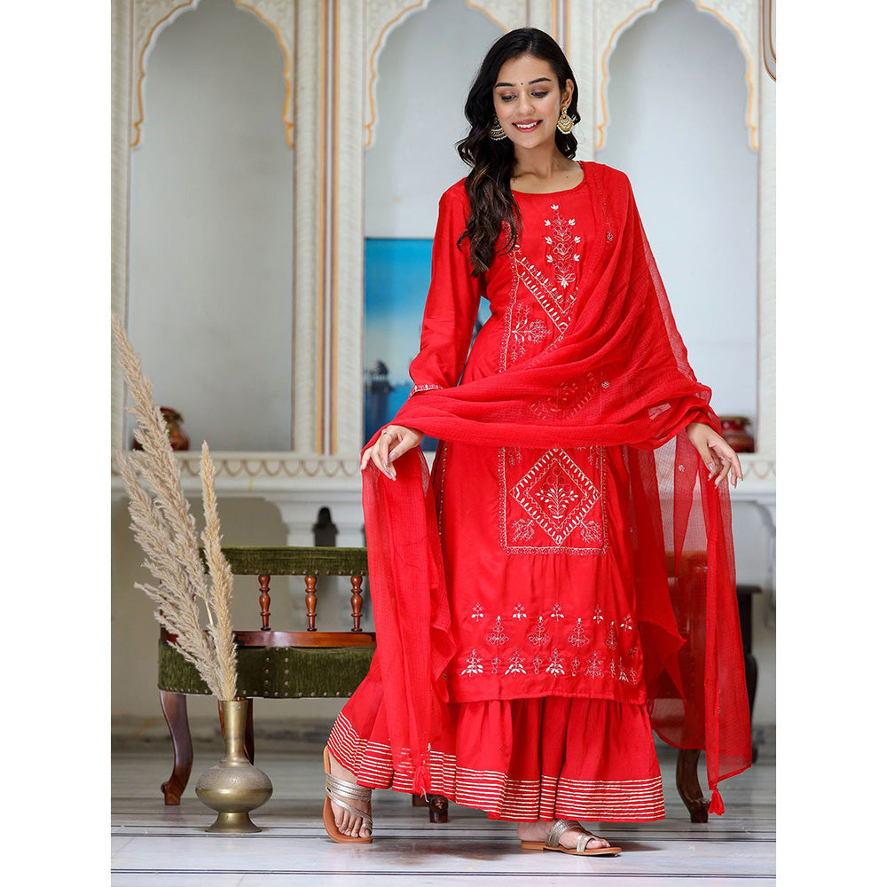 KAAJH Red Embroidered Silk Kurta Sharara Set with Kota Doria Dupatta (Set Of 3)