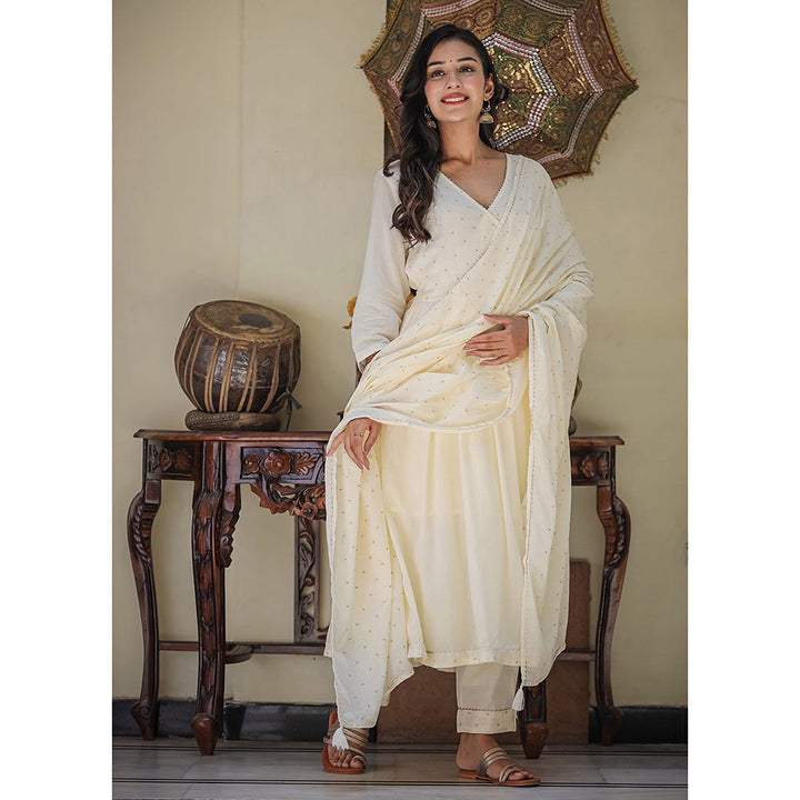 KAAJH Ivory Embroidered Angrakha Kurta Set with Trouser & Dupatta (Set Of 3)
