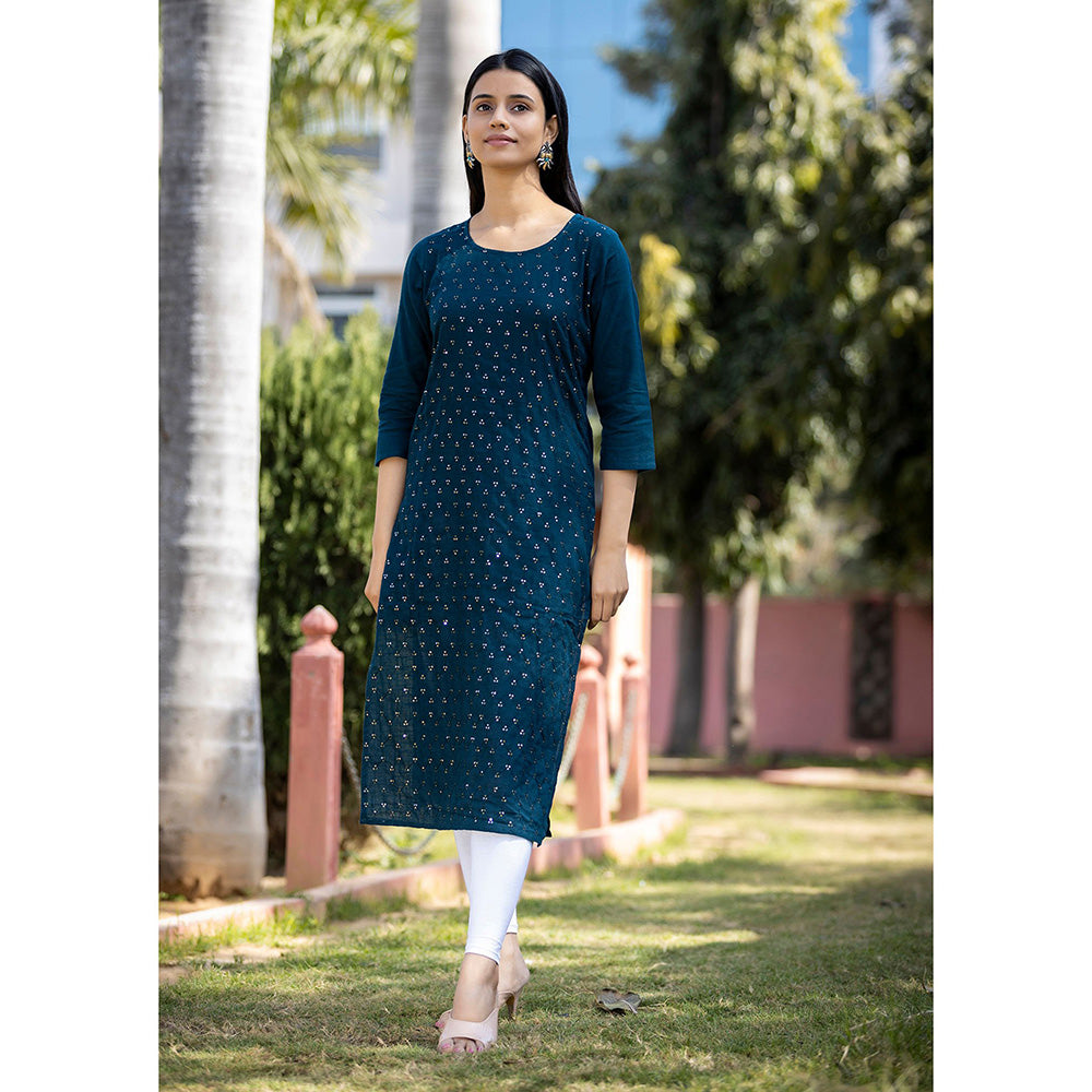 KAAJH Navy Blue Sequin Embroidered Cotton Kurta