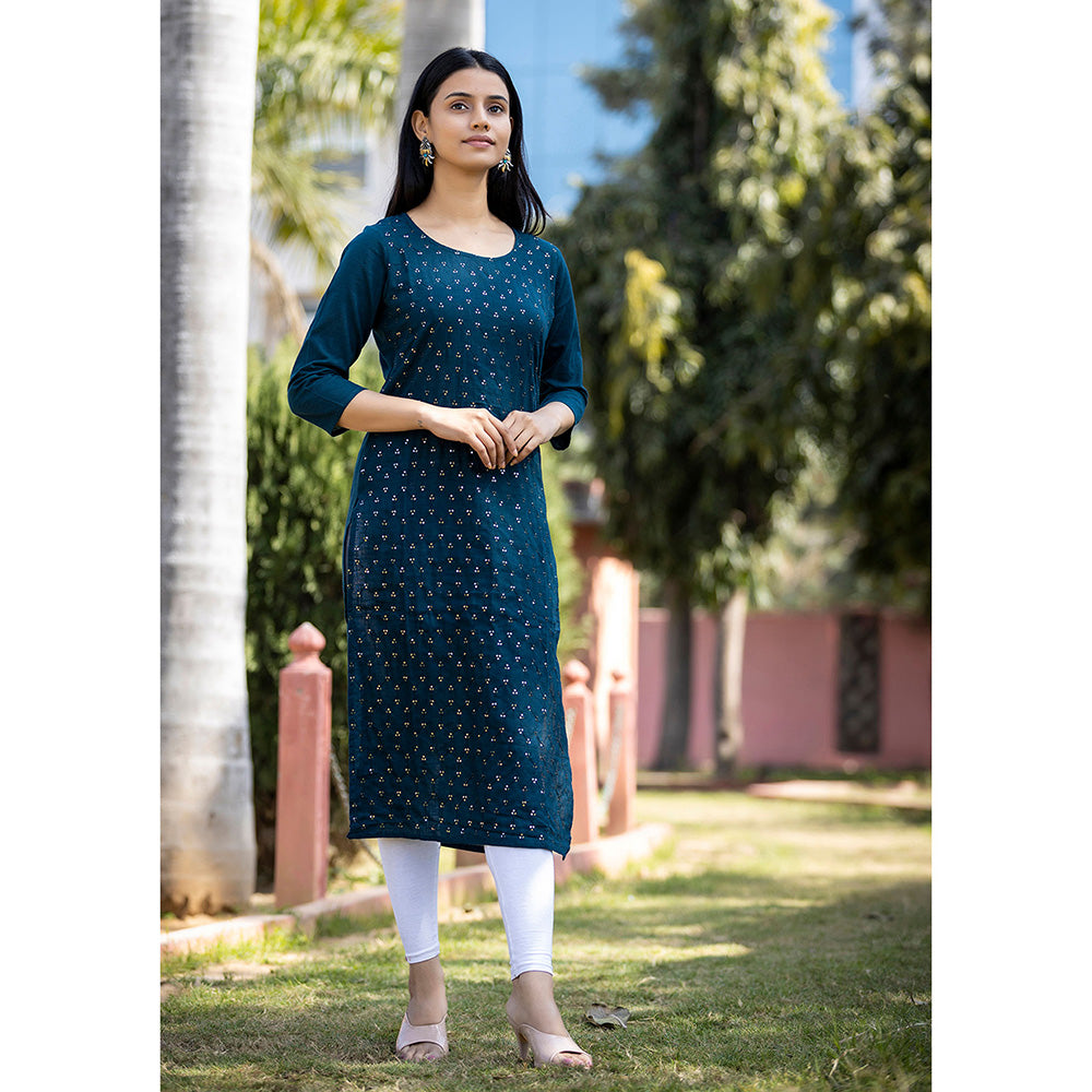 KAAJH Navy Blue Sequin Embroidered Cotton Kurta